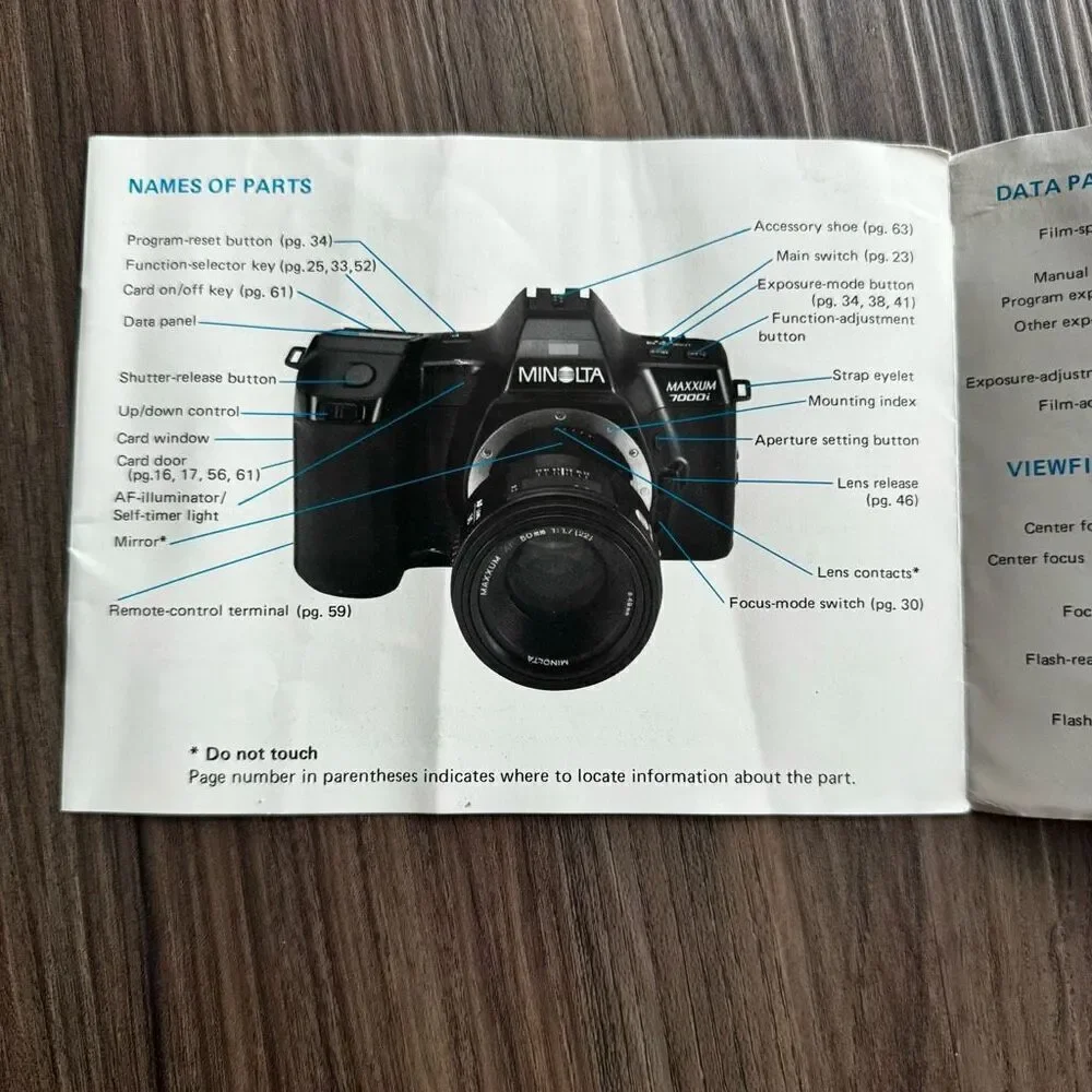 Film Camera 35mm Minolta Maxxum 7000i Instruction Manual Book
